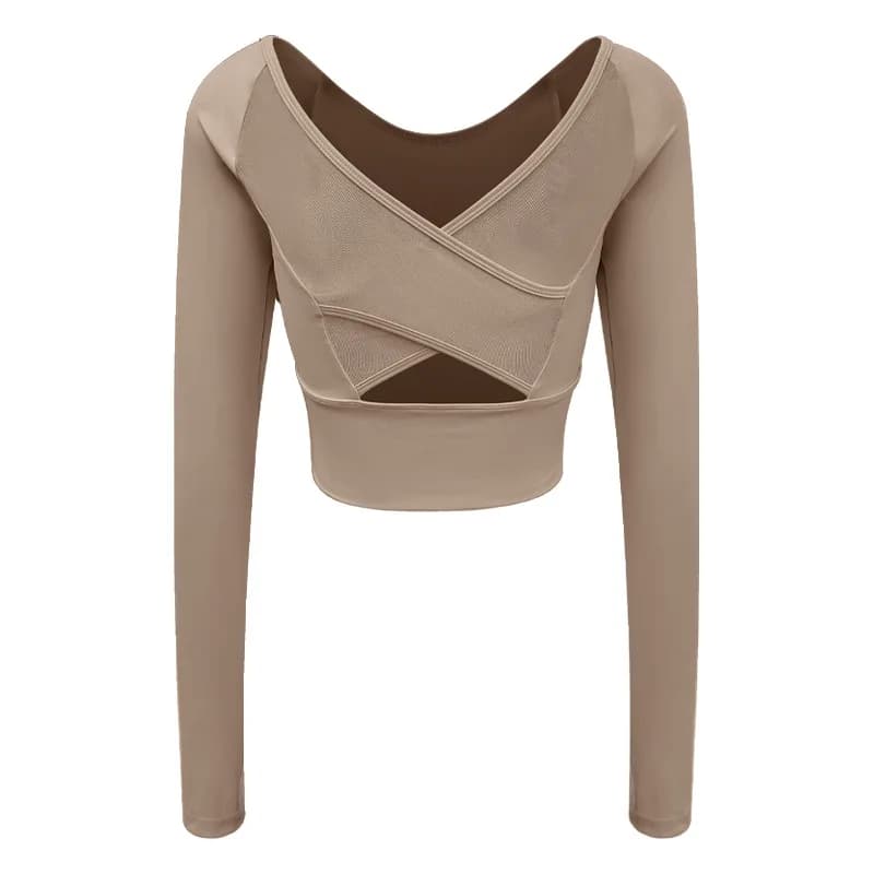 Haut de sport à manches longues pour femme, effet seconde peau, avec soutien-gorge intégré et design croisé en mesh sur le devant, idéal pour le yoga, le pilates et le fitness
