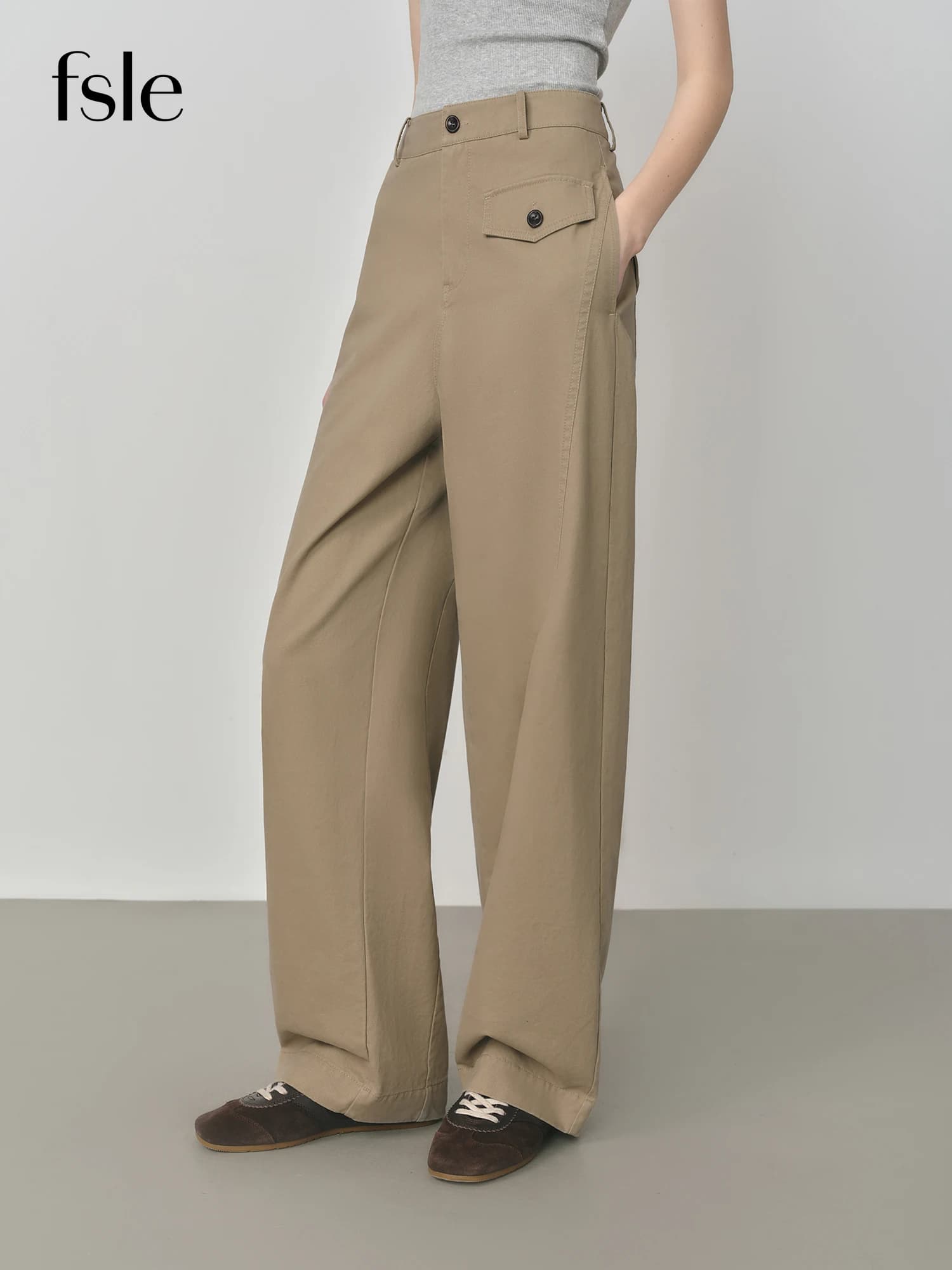 FSLE 2025 Pantalon kaki pour femme - Pantalon en coton à jambe droite Coupe décontractée d'automne S