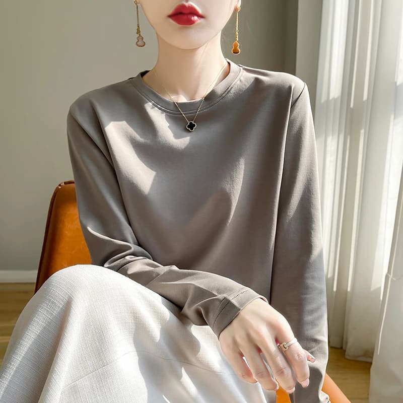 T-Shirt à manches longues et col rond pour femme, 100% coton, chemise à bascule, haut ample, printem