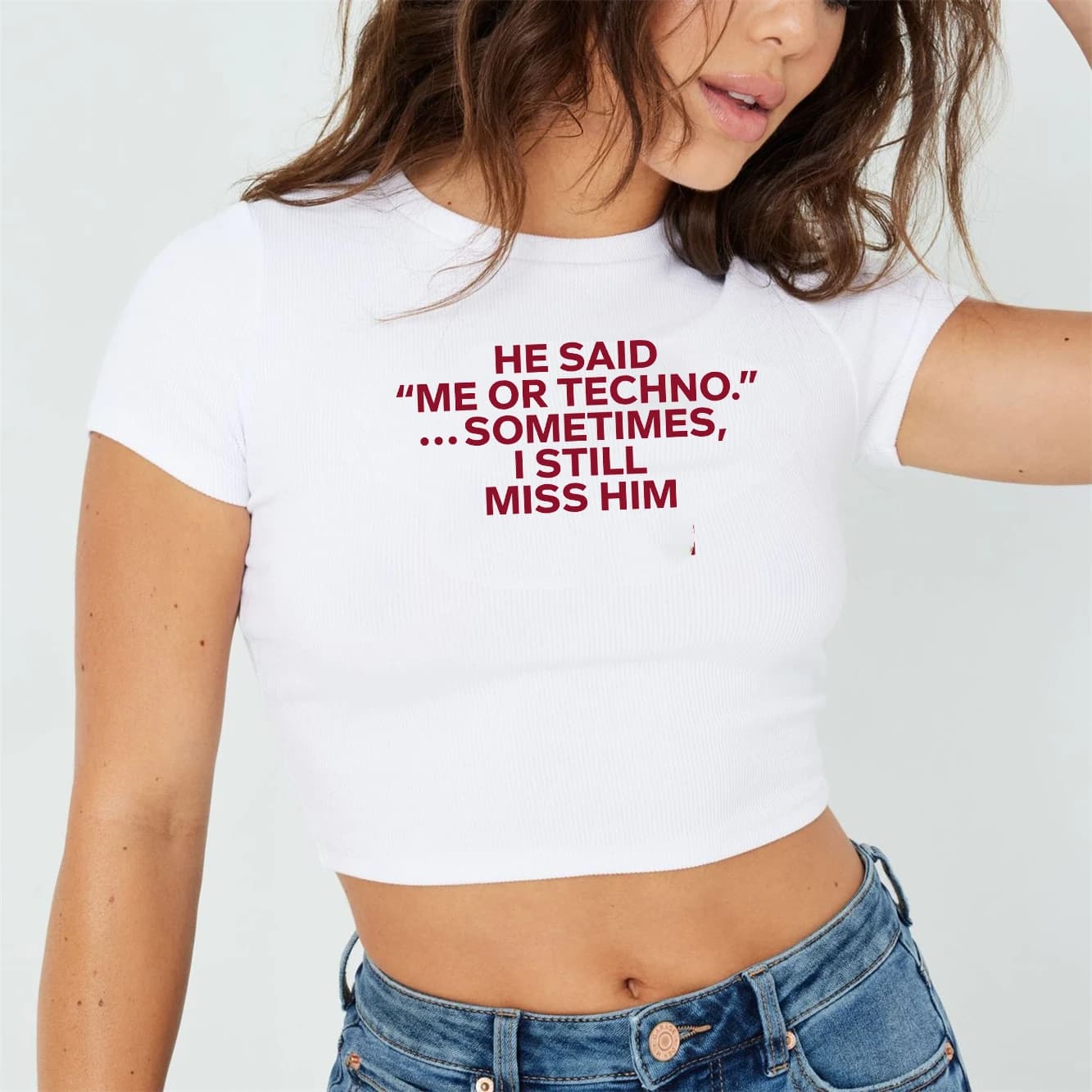 He Said Me or Techno Somefois I Still Him Crop Top, T-shirt imprimé texte, slogan d'été drôle, t-shi