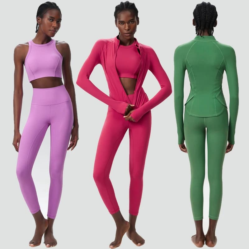 Ensemble de Yoga 3 pièces pour femmes, couleur unie, côtelé, combinaison de gymnastique, manches lon