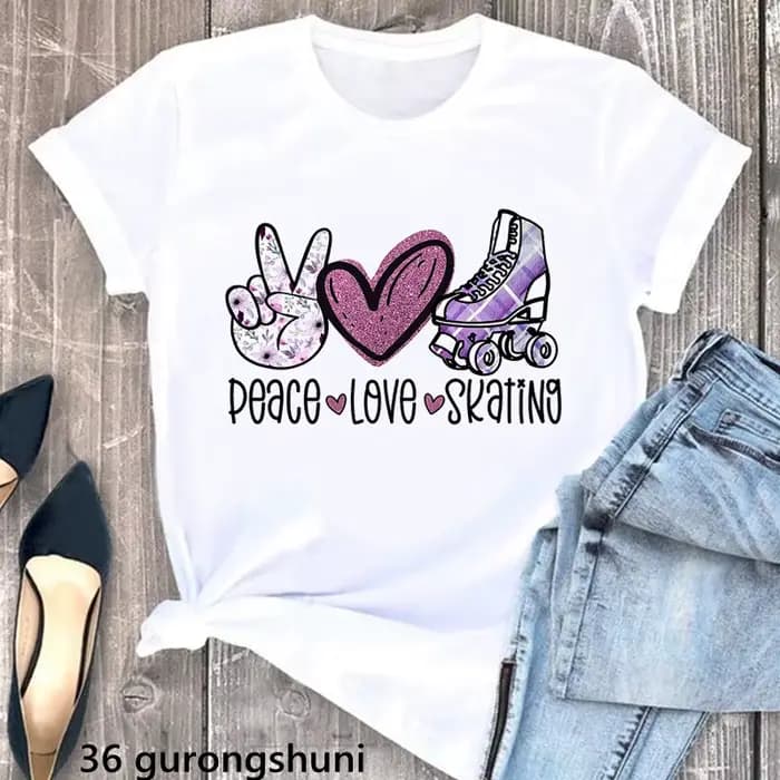 Aquarelle paix amour patinage graphique impression T-Shirt filles passionné de patinage à roulettes