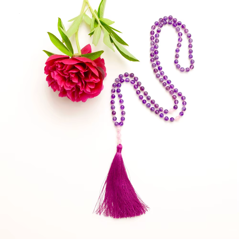 Collier de perles tibétaines Mala, quartz violet, quartz rose, perle de yoga, méditation, colliers d