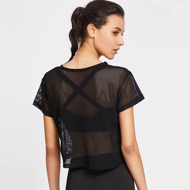 Chemise de yoga en maille pour femmes, t-shirt sexy à manches courtes, haut de sport, chemisier Cove