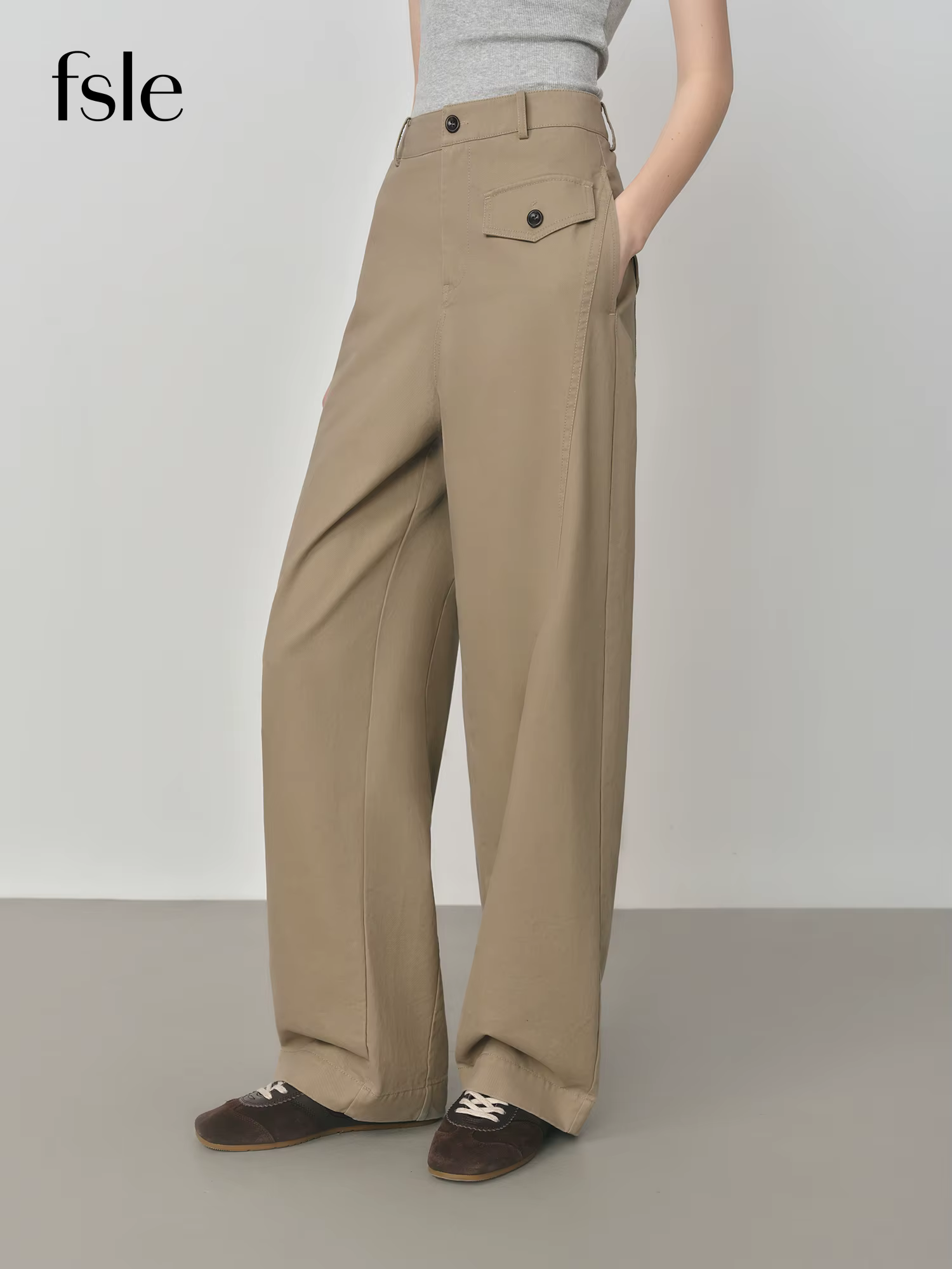 FSLE 2025 Pantalon kaki pour femme - Pantalon en coton à jambe droite Coupe décontractée d'automne S