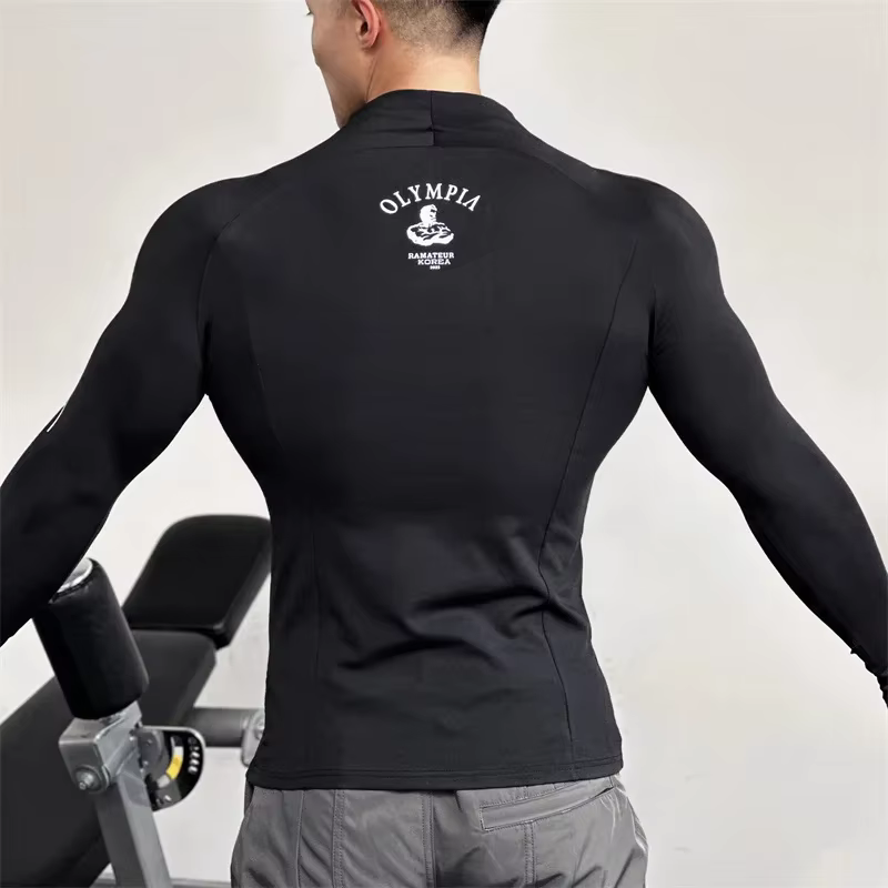 Haute qualité fermeture éclair col rond hauts sport printemps automne fitness T-shirt hommes à manch