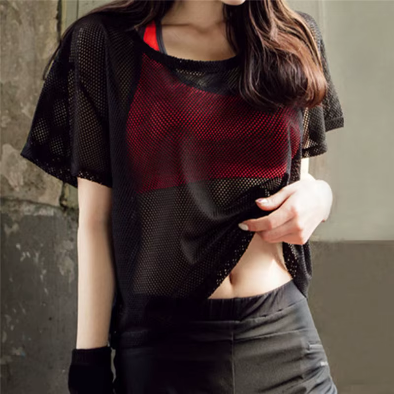 Chemise de Yoga en maille pour femmes, T-Shirt Sexy à manches courtes, haut de Sport, chemisier couv