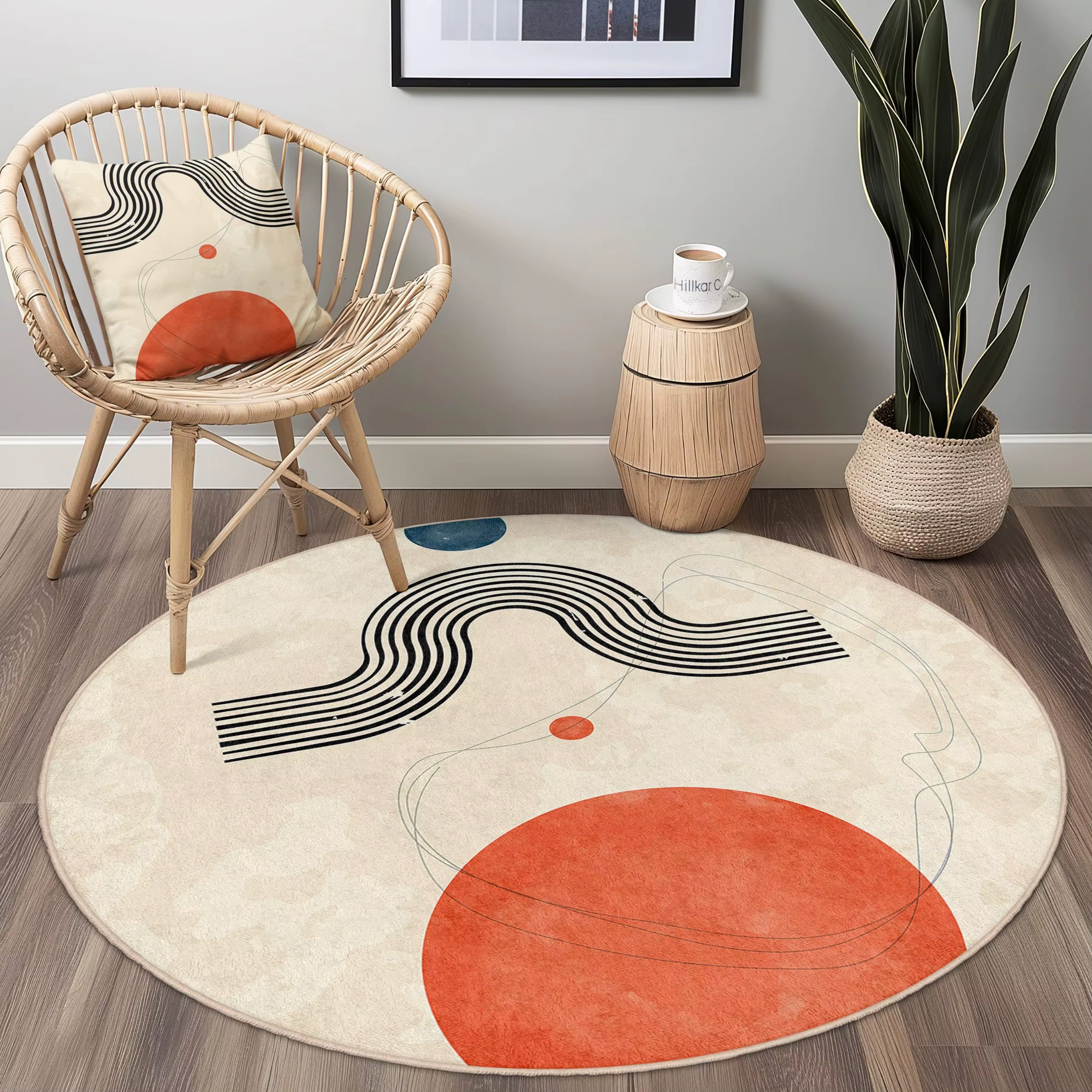 Tapis rond moderne du milieu du siècle, motif abstrait terracotta, lavable, antidérapant, minimalist