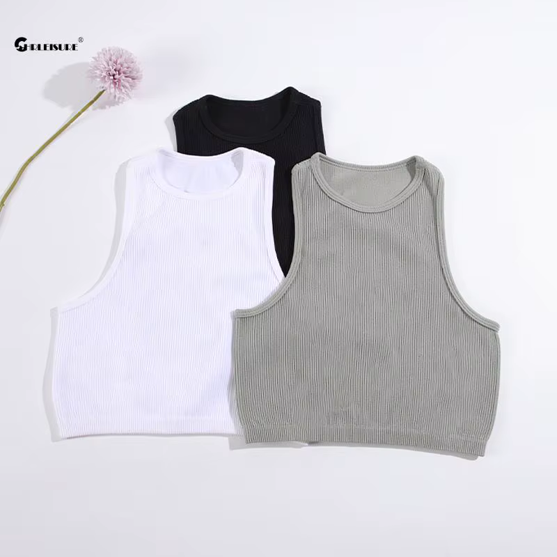 CHRLEISURE – soutien-gorge de Sport pour femmes, gilet de Yoga en tricot côtelé, col rond, haut cour