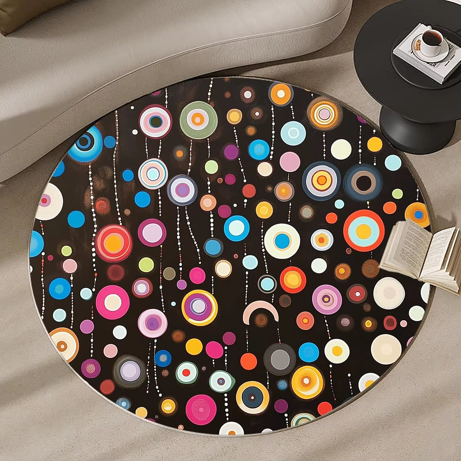 Tapis Rond Rétro Mid-Century, Motif Géométrique Abstrait, Marron, Teal, Orange, Blocs de Couleurs, A