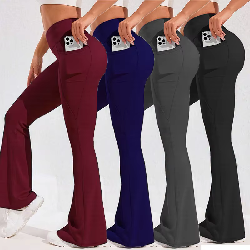 ​ ​ Pantalon de Yoga taille haute évasé pour femmes, avec poche, Push-Up, collants de course, jambes