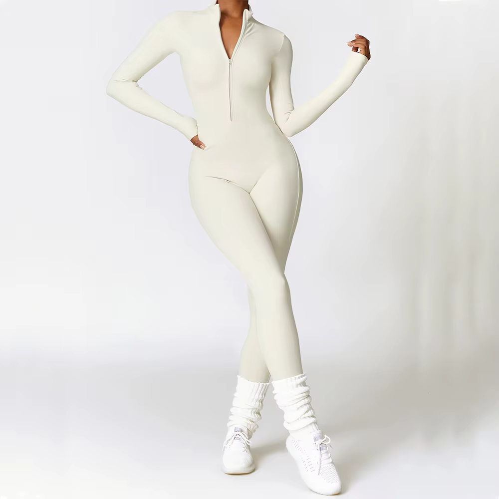 Vêtements de sport une pièce à manches longues pour femmes, barboteuse de Yoga à fermeture éclair, c