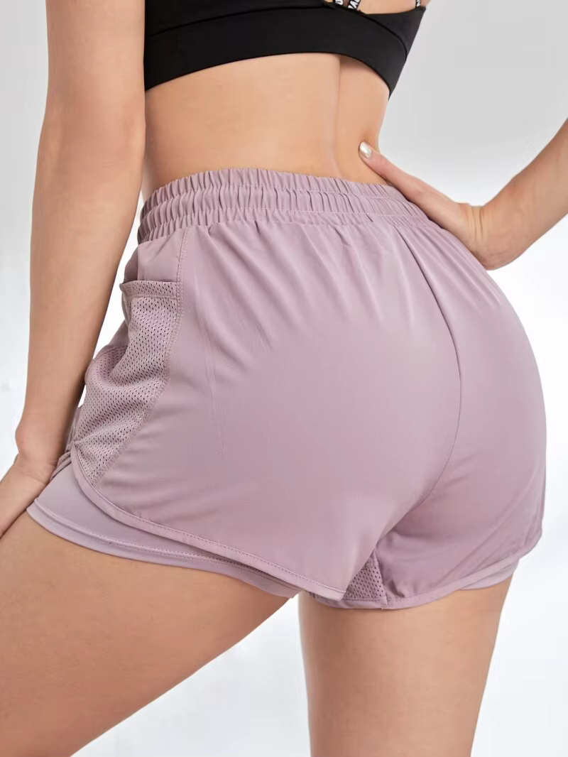 Short de sport élastique pour femmes, short avec poches, faux Leggings de Yoga deux pièces pour cour