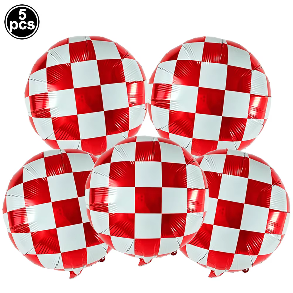Ballons à carreaux en aluminium rouge, jaune, noir et blanc, 5 pièces, pour décorations de fête d'an