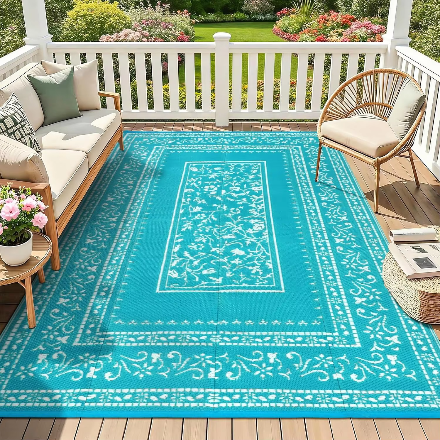Tapis d'extérieur à imprimé floral bohème, style ethnique, antidérapant, pour balcon, cour, terrasse