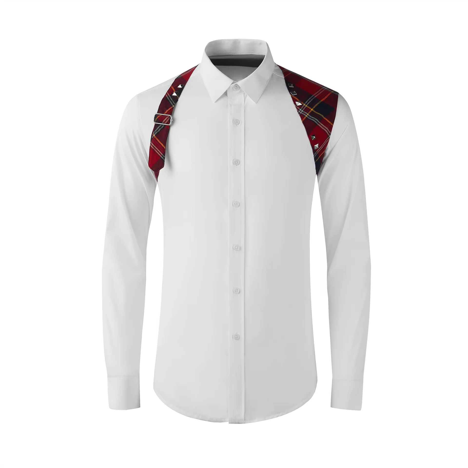 Chemise à manches longues pour hommes, bretelles d'épaule, épissure à carreaux, décoration à rivets,