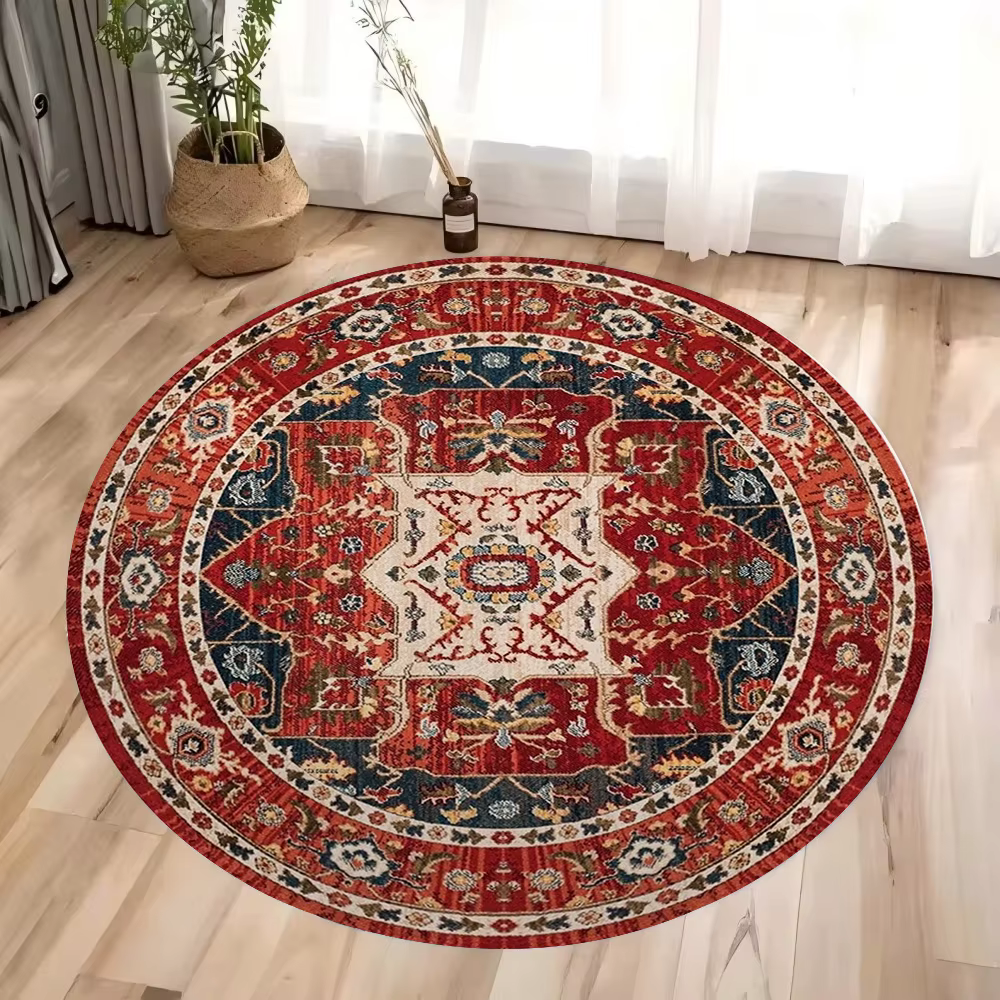 Tapis rond persan rouge vintage, tapis traditionnel oriental à motifs floraux, tapis de sol pour sal