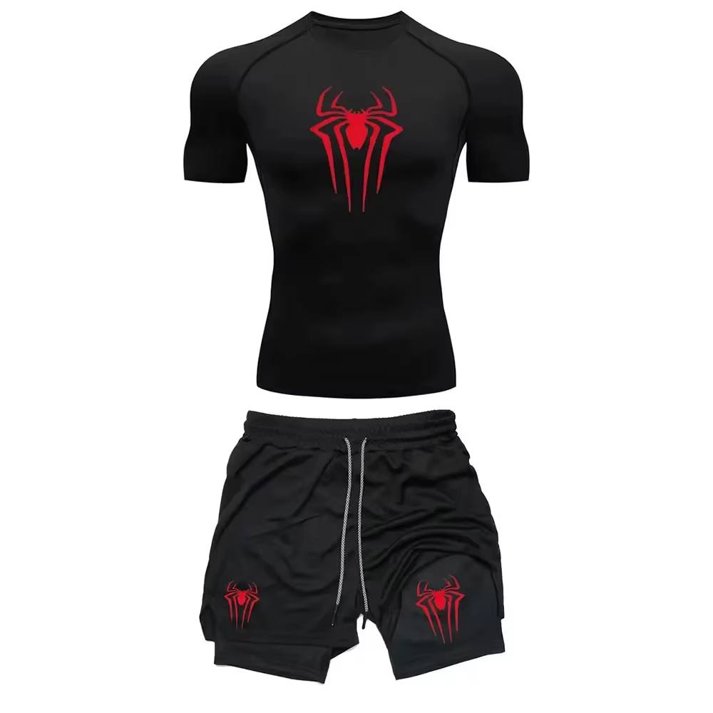 Ensemble de Compression d'entraînement pour hommes, t-shirt de gymnastique imprimé araignée Y2K, sho