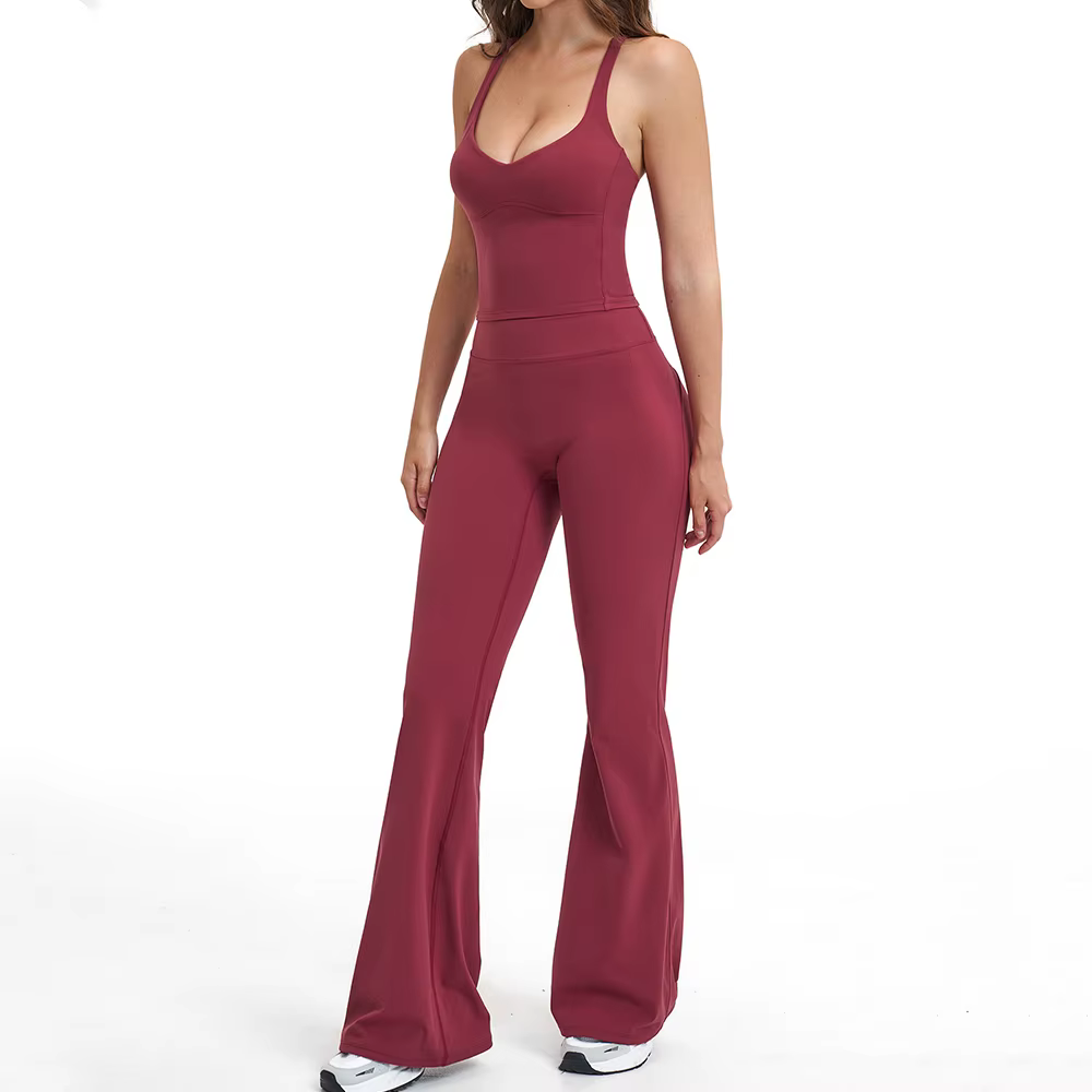 Ensemble de yoga 2 pièces pour femme : pantalon évasé et débardeur de sport antichoc – Tenue de spor
