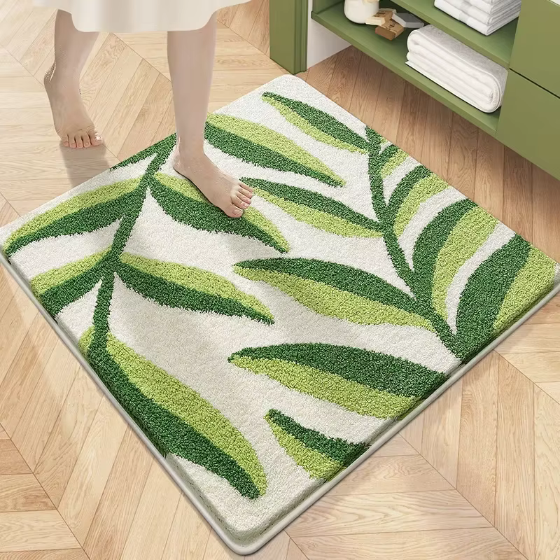 Tapis de bain floral carré, tapis de salle de bain ultra absorbant en peluche, support antidérapant