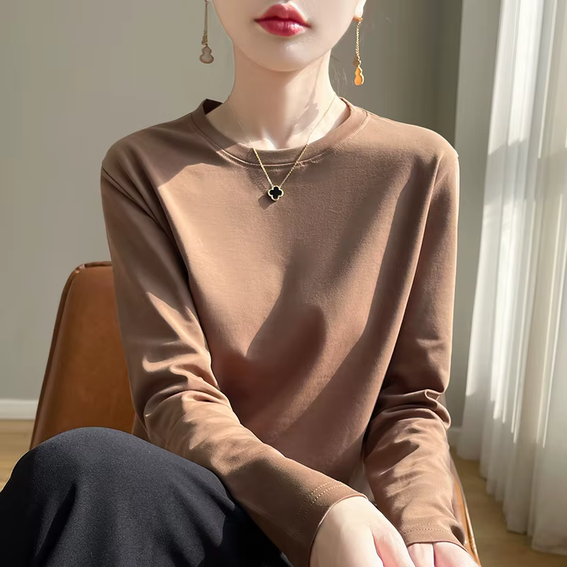 T-Shirt à manches longues et col rond pour femme, 100% coton, chemise à bascule, haut ample, printem