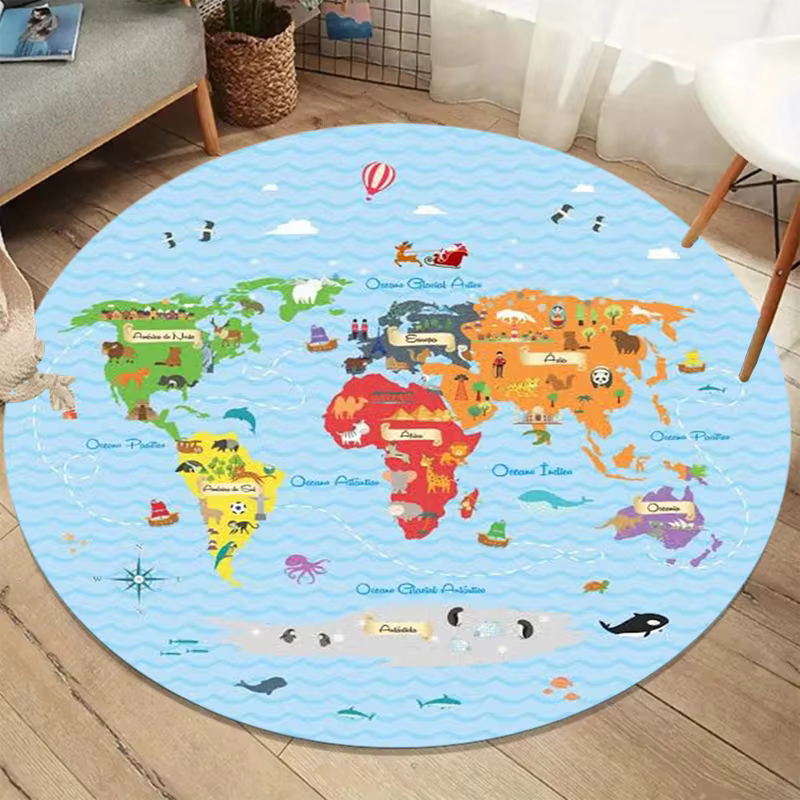 Tapis éducatif pour enfants avec carte du monde ronde, antidérapant, doux, lavable, imprimé d'animau