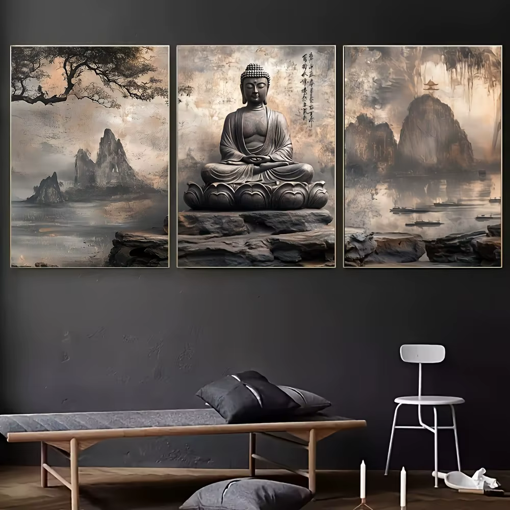 3 tableaux sur toile de méditation bouddhiste de style asiatique, adaptés à la décoration de salle d