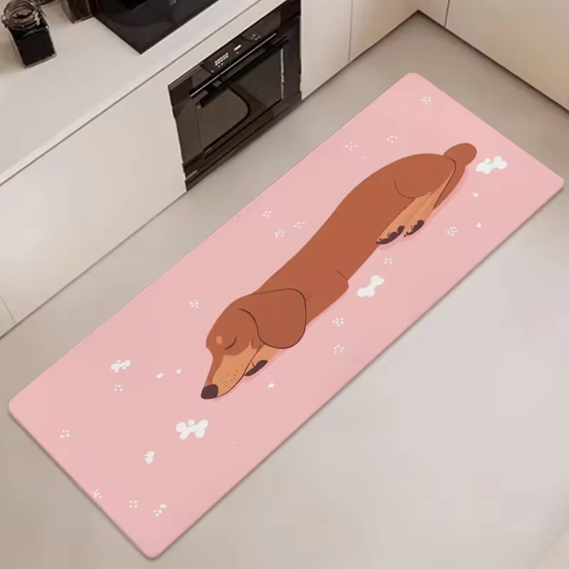 Tapis de cuisine long avec motif de chiot teckel endormi mignon sur fond rose, tapis antidérapant po