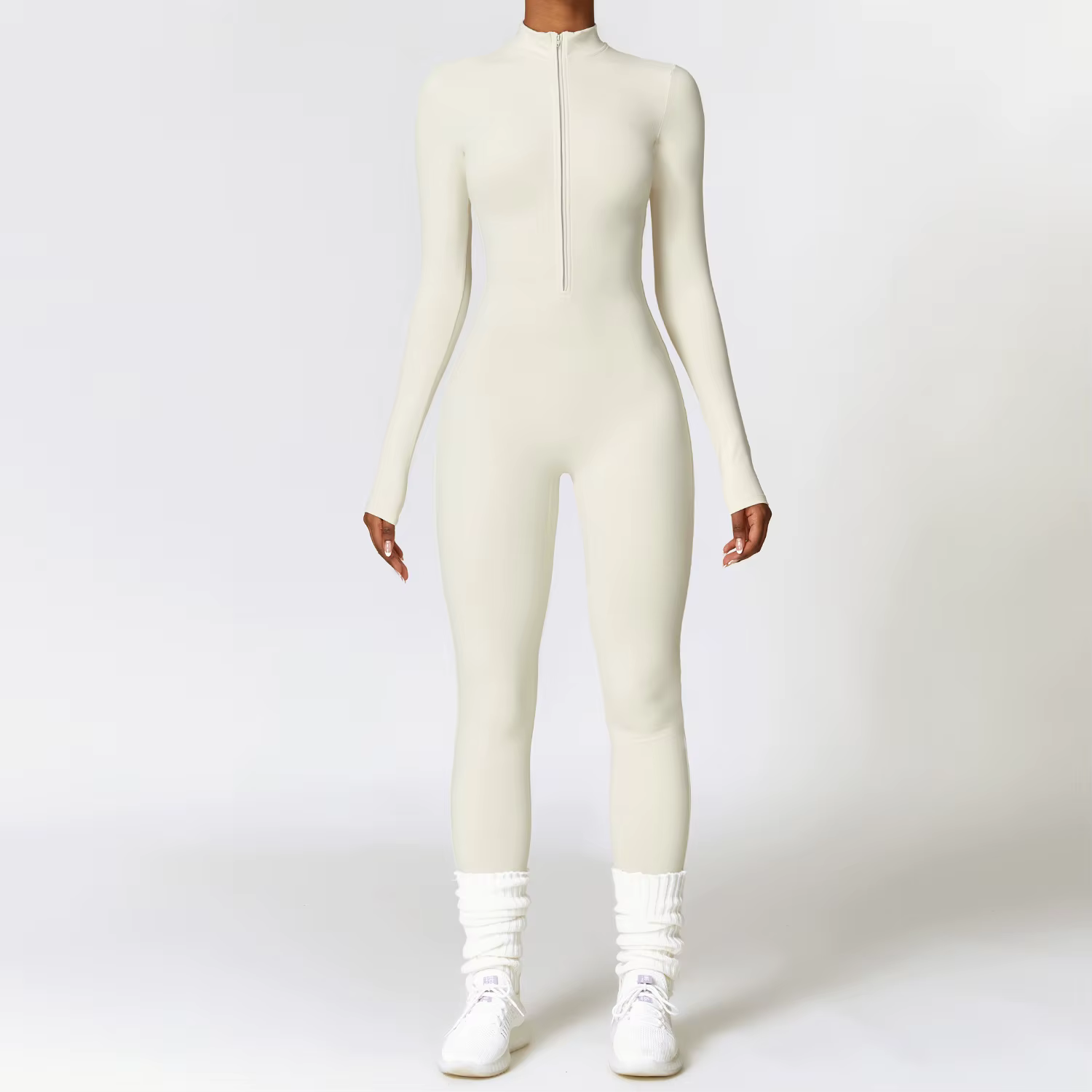 Vêtements de sport une pièce à manches longues pour femmes, barboteuse de Yoga à fermeture éclair, c