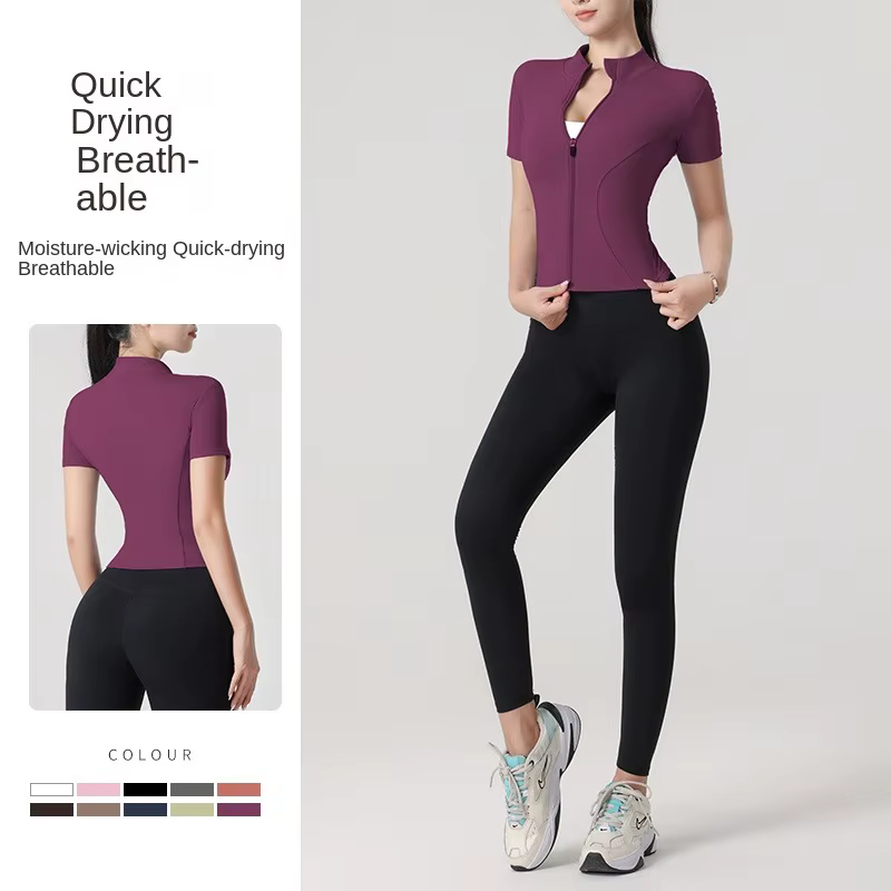 Veste de yoga à manches courtes, haute élasticité, col montant, veste de sport serrée, nue, fitness,