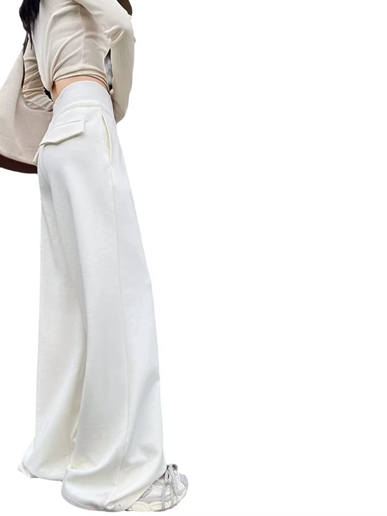 Pantalon de sport gris taille haute pour femmes, ample, amincissant, jambes droites, jambes larges,