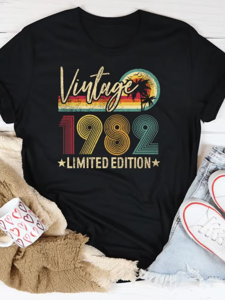 T-shirt manches courtes col rond femme, vintage, édition limitée, imprimé, 1982