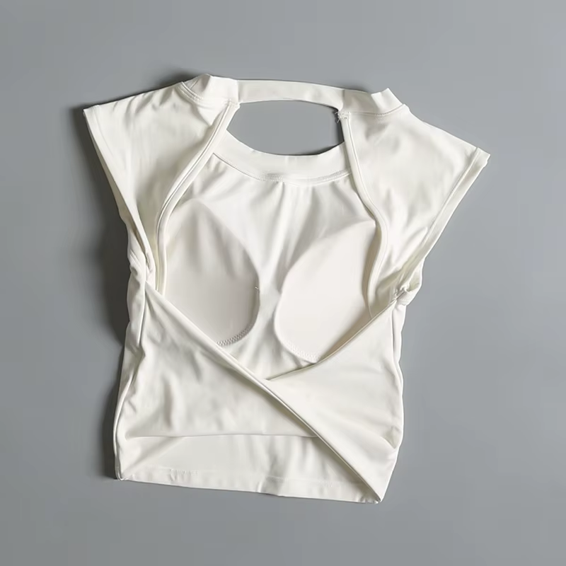 Costume de Yoga haut de sport pour femmes avec coussin de poitrine, T-shirt Sexy à manches courtes,
