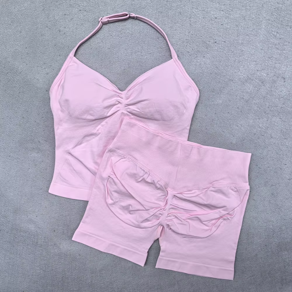 Ensemble de Yoga sans couture pour femmes, 2 pièces, débardeur rembourré, col licou, froissé, levage