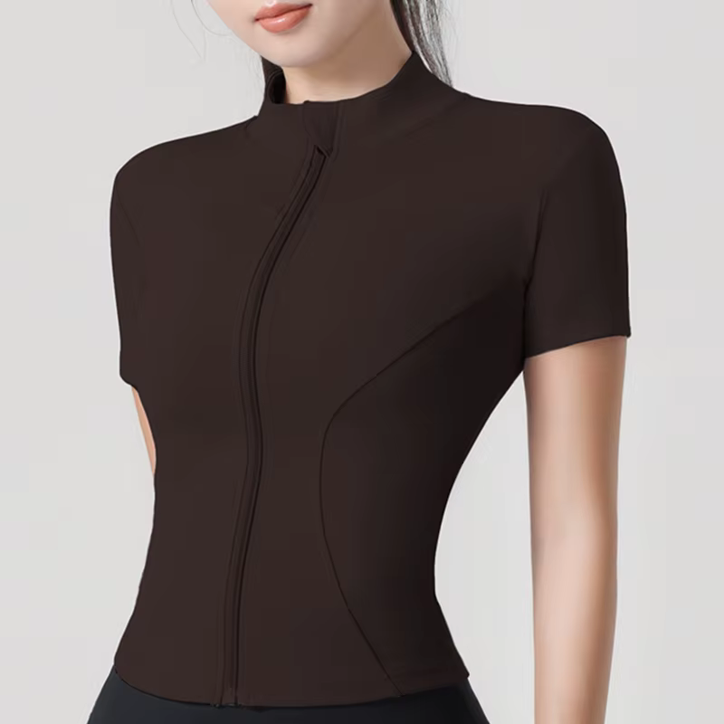 Femme yoga veste haute élastique Yoga à manches courtes manteau col montant serré sport manteau nu F