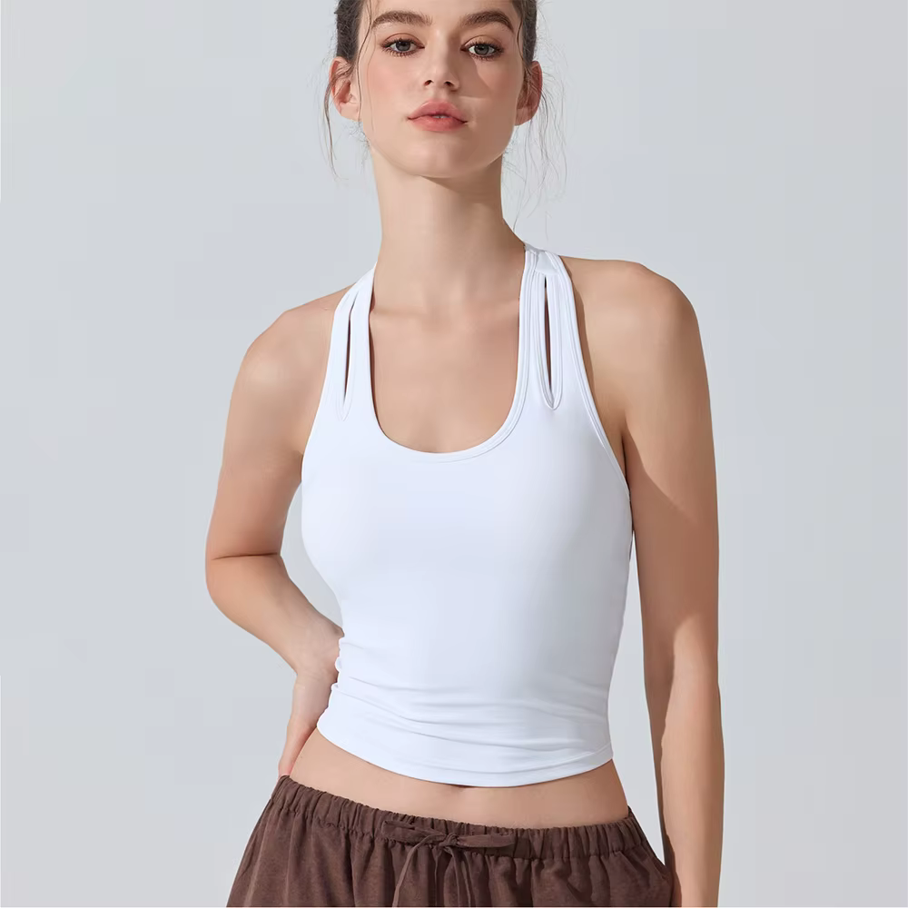 Débardeur de sport antibactérien pour femmes, sensation nue, coussinets amovibles, col en U, dos nag