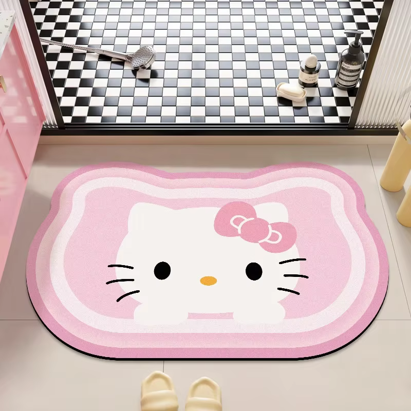 Tapis de bain Kawaii Kitty à bordure rose, résistant aux taches, antidérapant, séchage rapide, en te