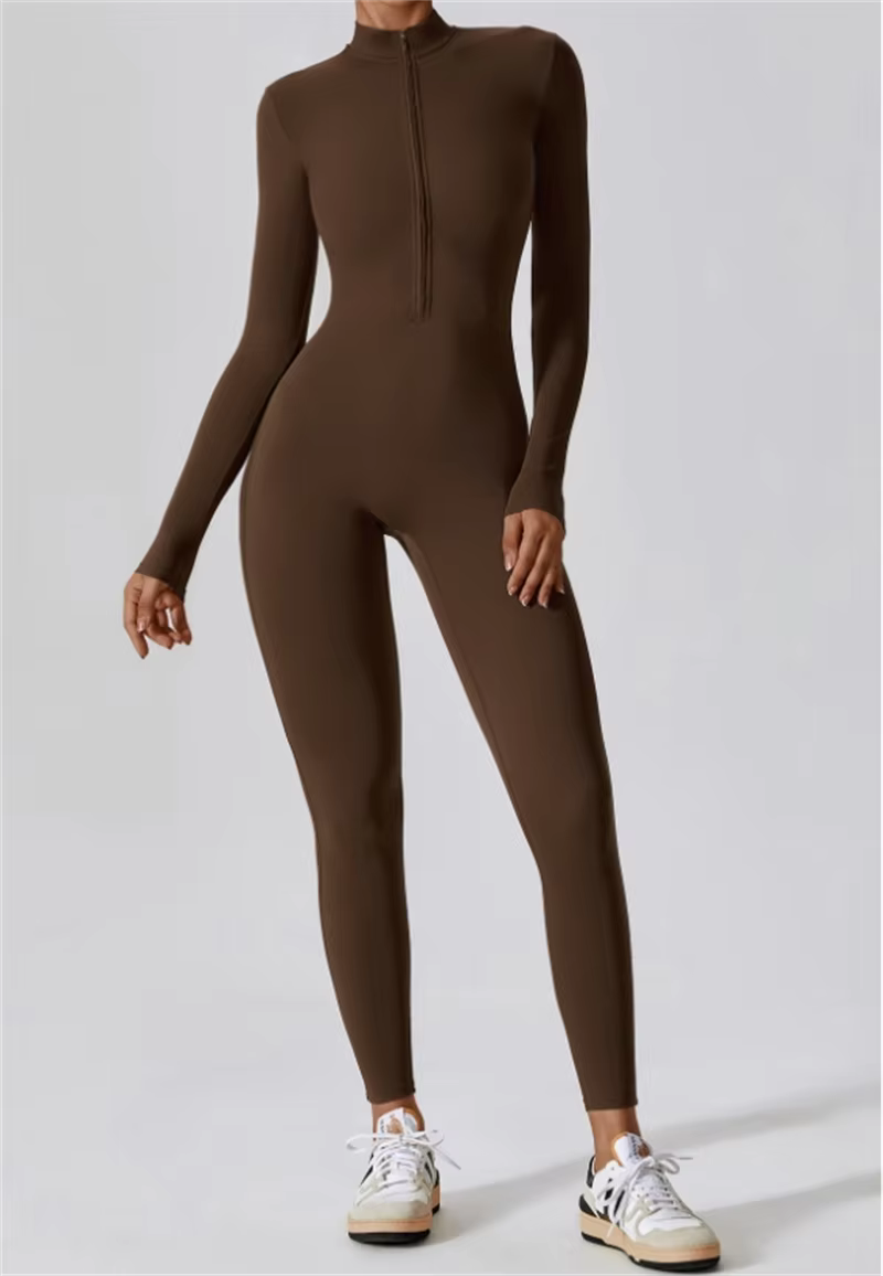 Combinaison de yoga longue intégrée à demi-zip, couleur unie, sexy, manches longues, vêtements de sp