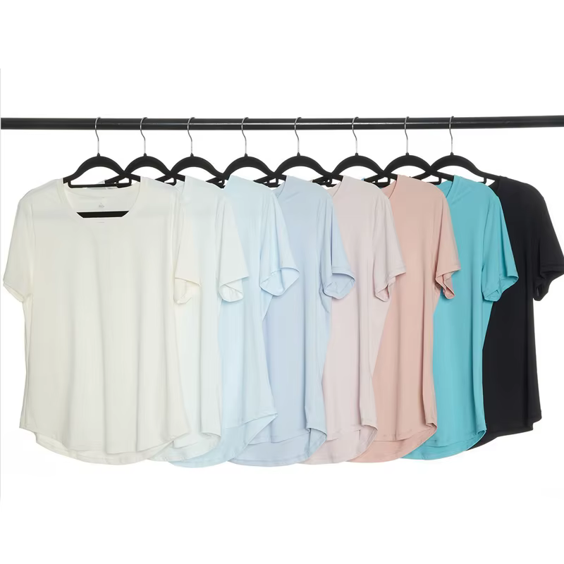 T-shirt de yoga à manches courtes pour femmes, tissu super commandé, chemise de gym respirante, haut