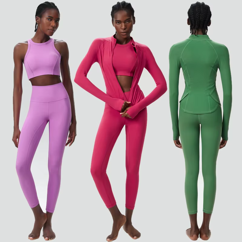 Ensemble de Yoga 3 pièces pour femmes, couleur unie, côtelé, combinaison de gymnastique, manches lon