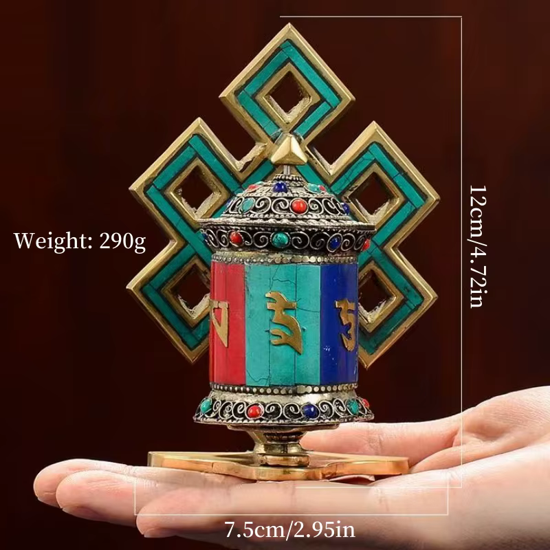 Roue de prière tibétaine, peinture bronze roue de prière Vajrayana Six caractères Guanyin coeur Mant