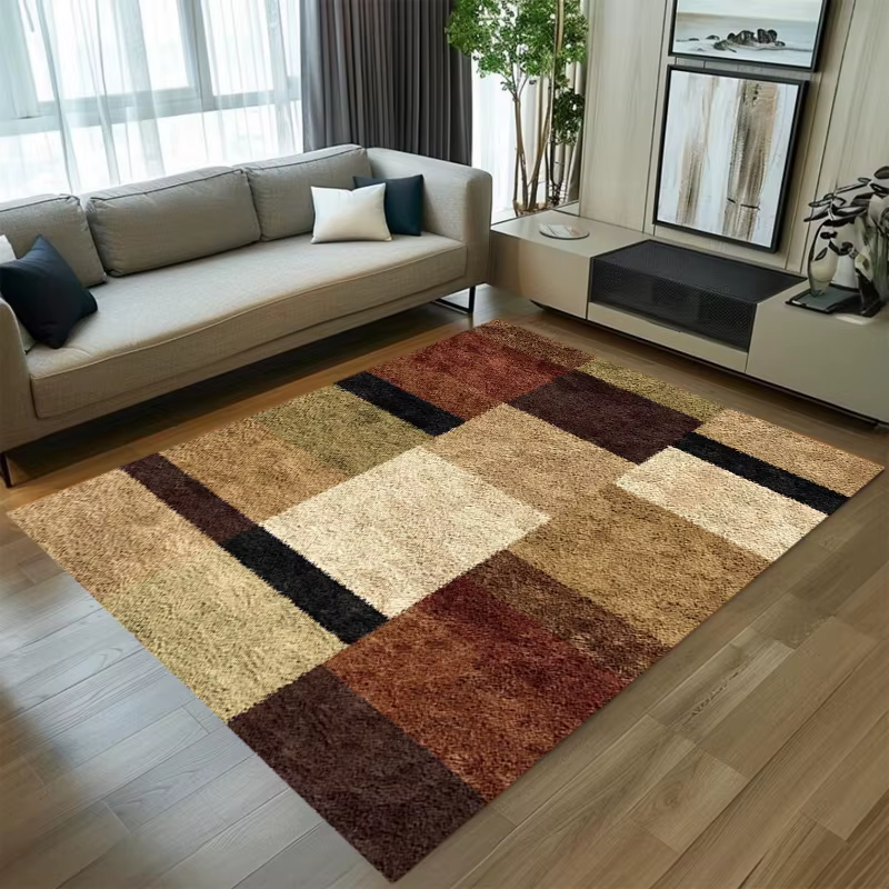 Tapis géométrique doux antidérapant marron beige patchwork pour salon chambre à coucher, facile à ne