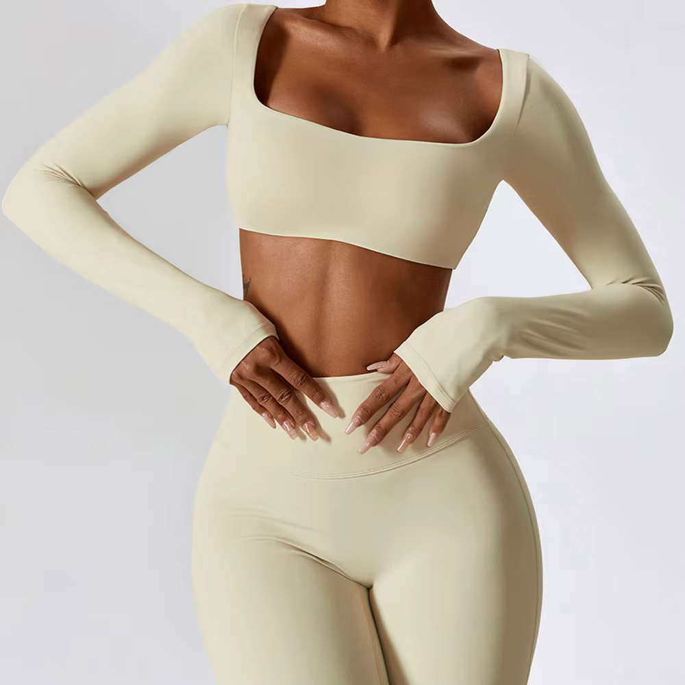 Femmes Crop Tops Yoga T-shirts Solide Haut De Sport À Manches Longues Chemises De Course Sexy Nombri