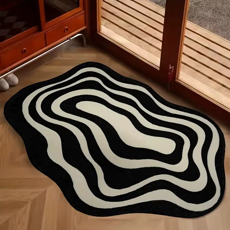 Tapis en flanelle abstrait ondulé irrégulier, esthétique Y2K, minimaliste, noir et blanc, antidérapa