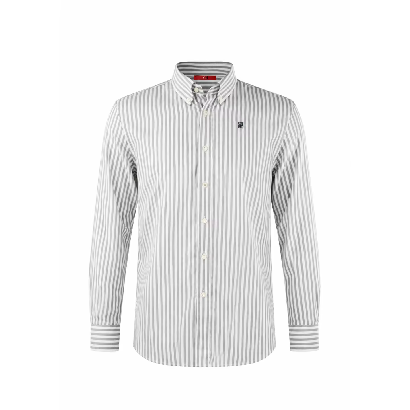 Chemise à manches longues brodée à rayures CH pour homme, coupe droite, col boutonné, classique, int