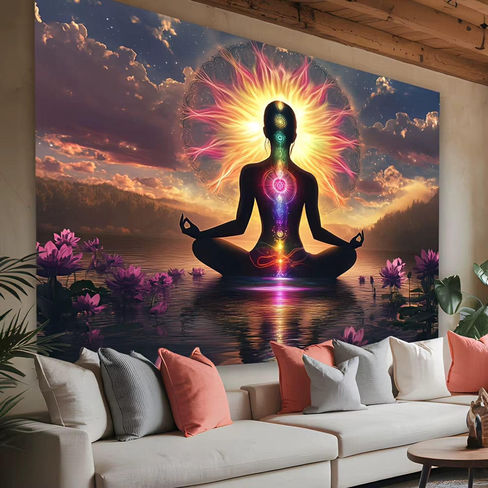 Tapisserie de méditation des chakras, silhouette avec sept chakras et fleurs de lotus, art mural spi