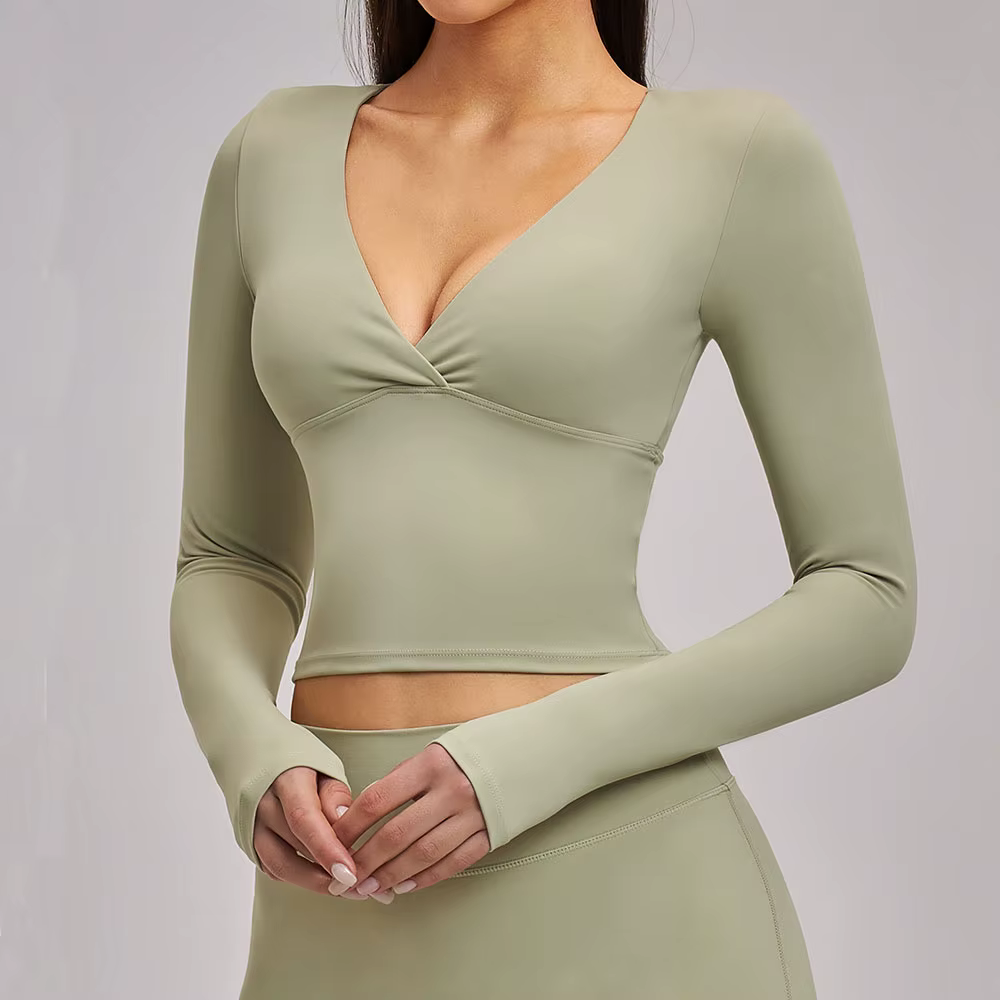 T-shirts de yoga pour femmes, coupe ajustée, manches longues, vêtements de sport, de fitness, de cou