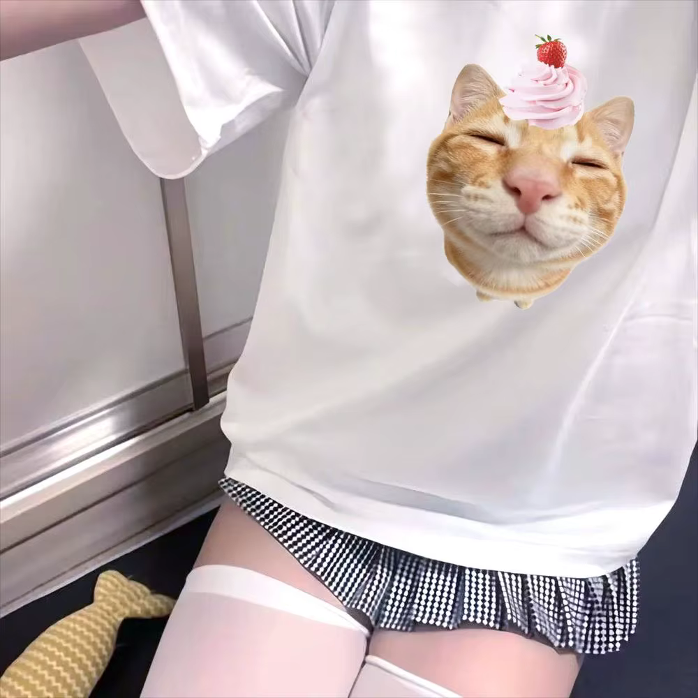 T-shirt graphique Kawaii Chat Crème pour Femme, Manches Courtes d'Été, Vêtements Amusants à Imprimé