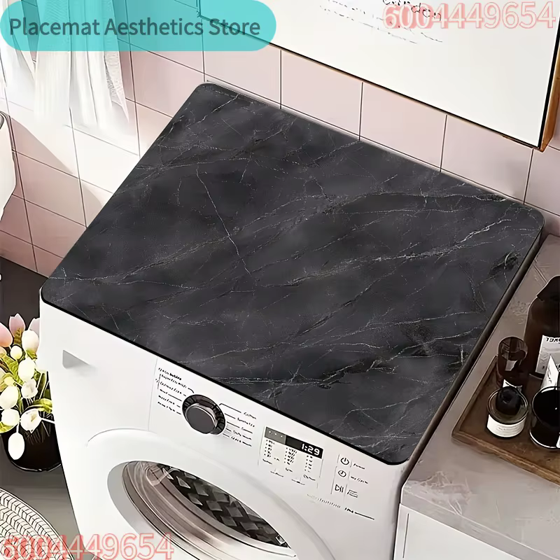 Housse anti-poussière pour machine à laver et tapis de séchage pour vaisselle - Motif marbre noir et