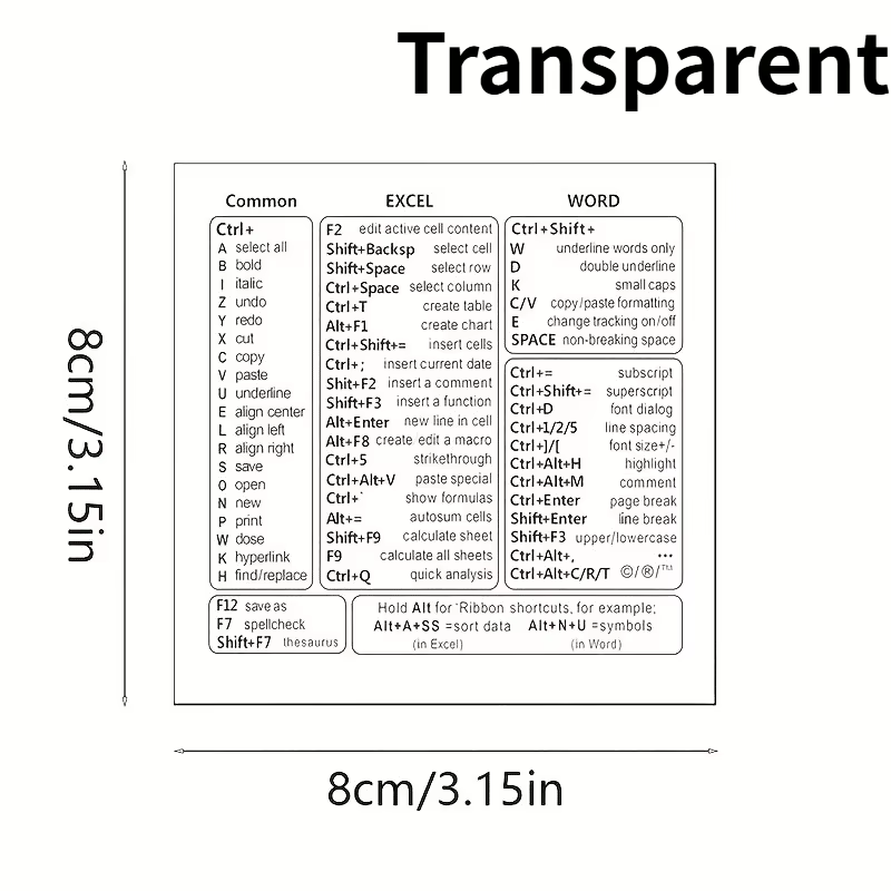 1 ensemble de couvre-clavier transparents en PVC, feuille de référence rapide pour Excel, Word, Wind